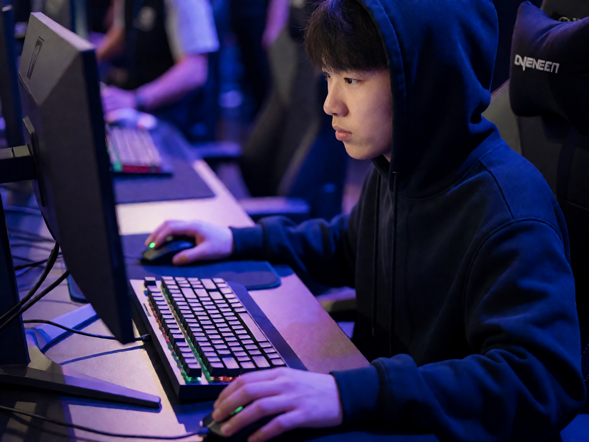 电竞赛事现场选手在比赛间内操作设备,舞台灯光以蓝紫色为主